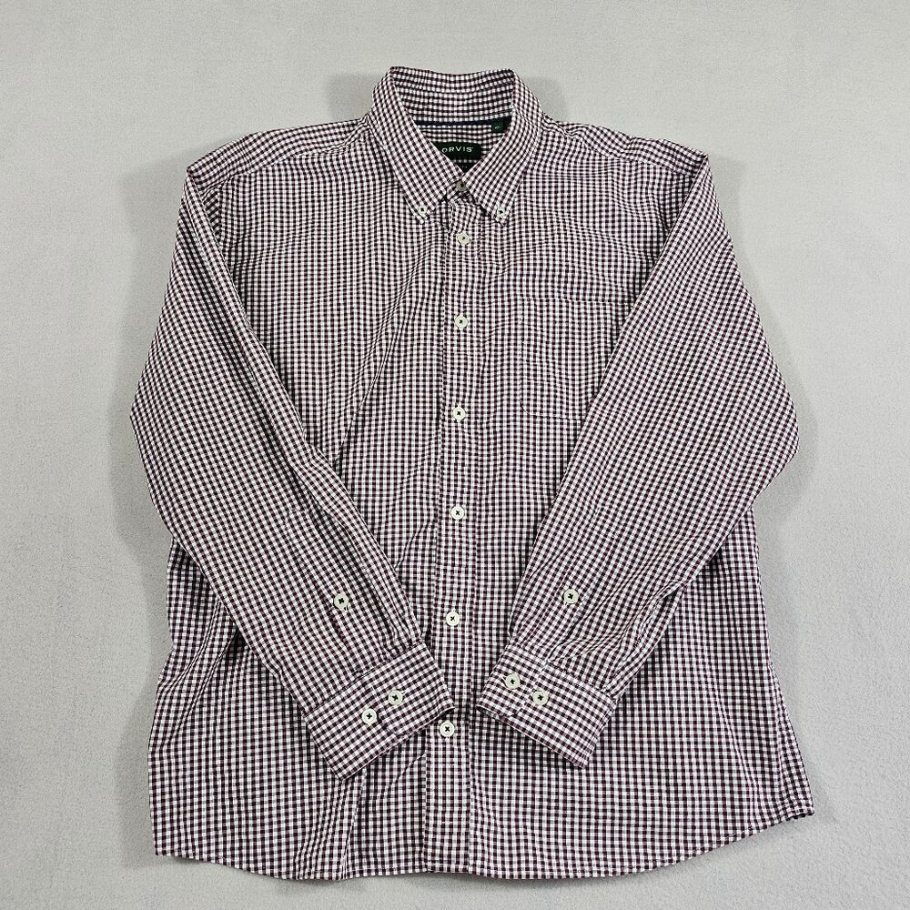 Orvis Shirt Mens XL Maroon Check Long Sleeve Button Up Active Fit 100% Cotton